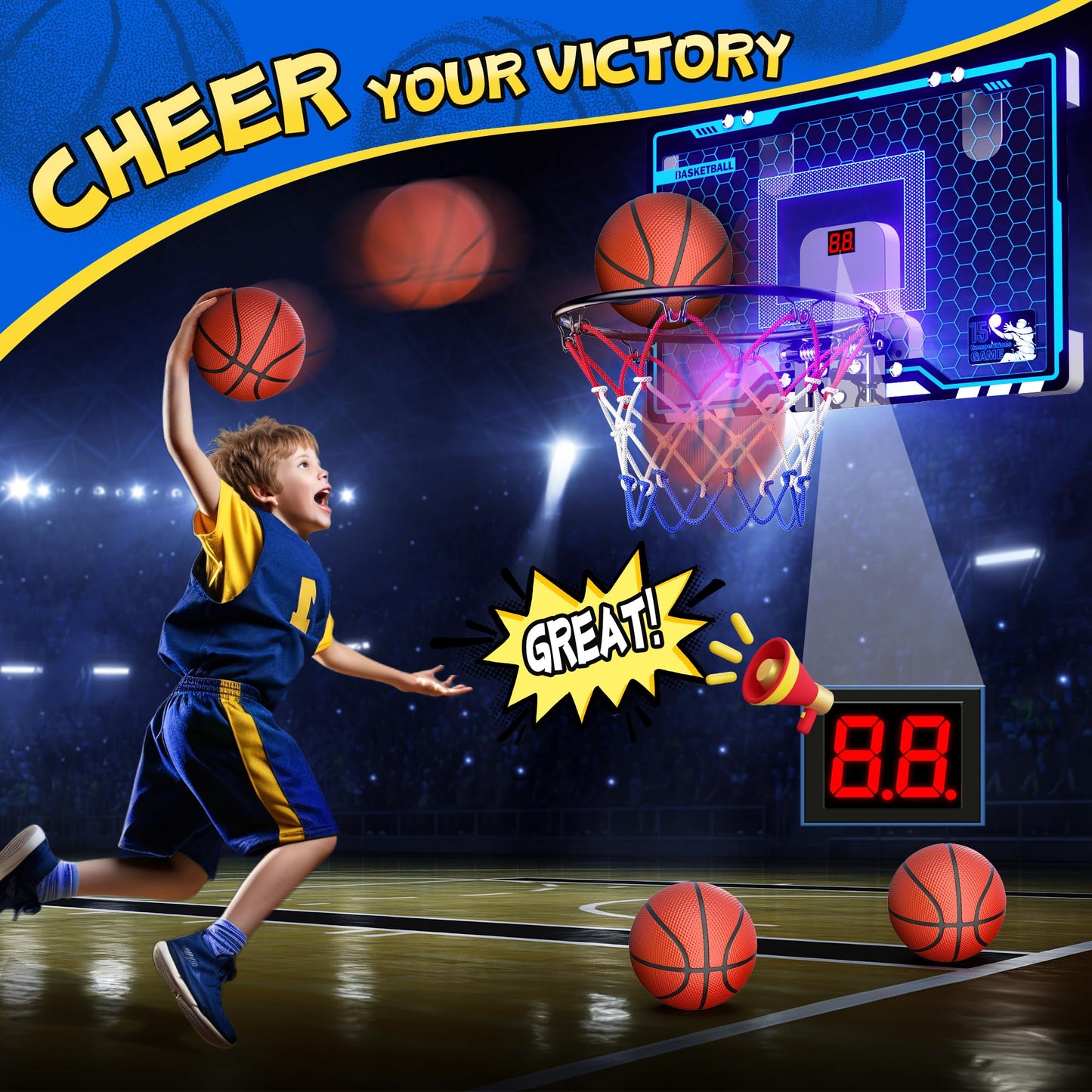 Hoperock Indoor Mini Basketball Hoop For Kids, Basketball Hoops Over The Door With Led Lighting, Mini Hoop With Scoreboard & 3 Balls, Basketball Toys Gifts For 5 6 7 8 9 10 11 12 Year Old Boys Girls