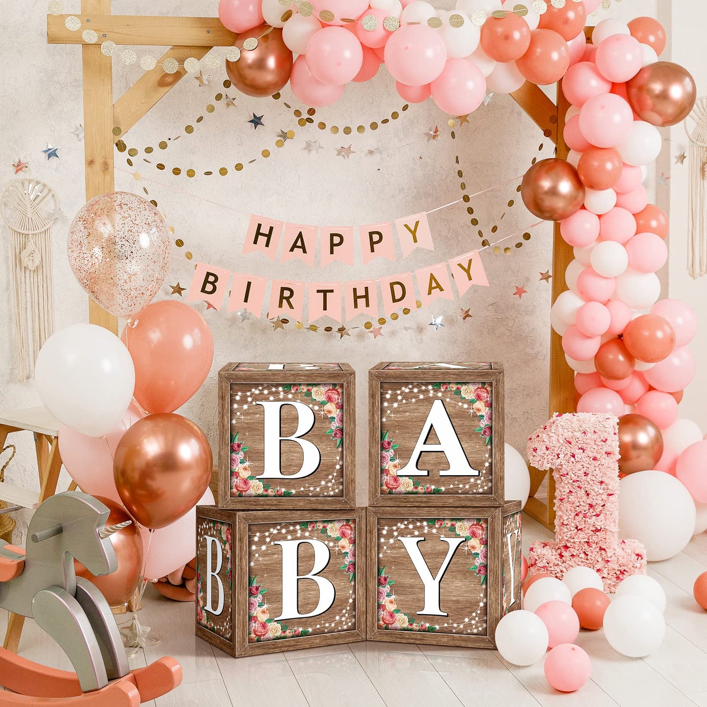 Floral Baby Shower Box Birthday Party Decoration Balloon Blocks First Birthday Centerpiece Decor For Girls Wood Grain Base Gende