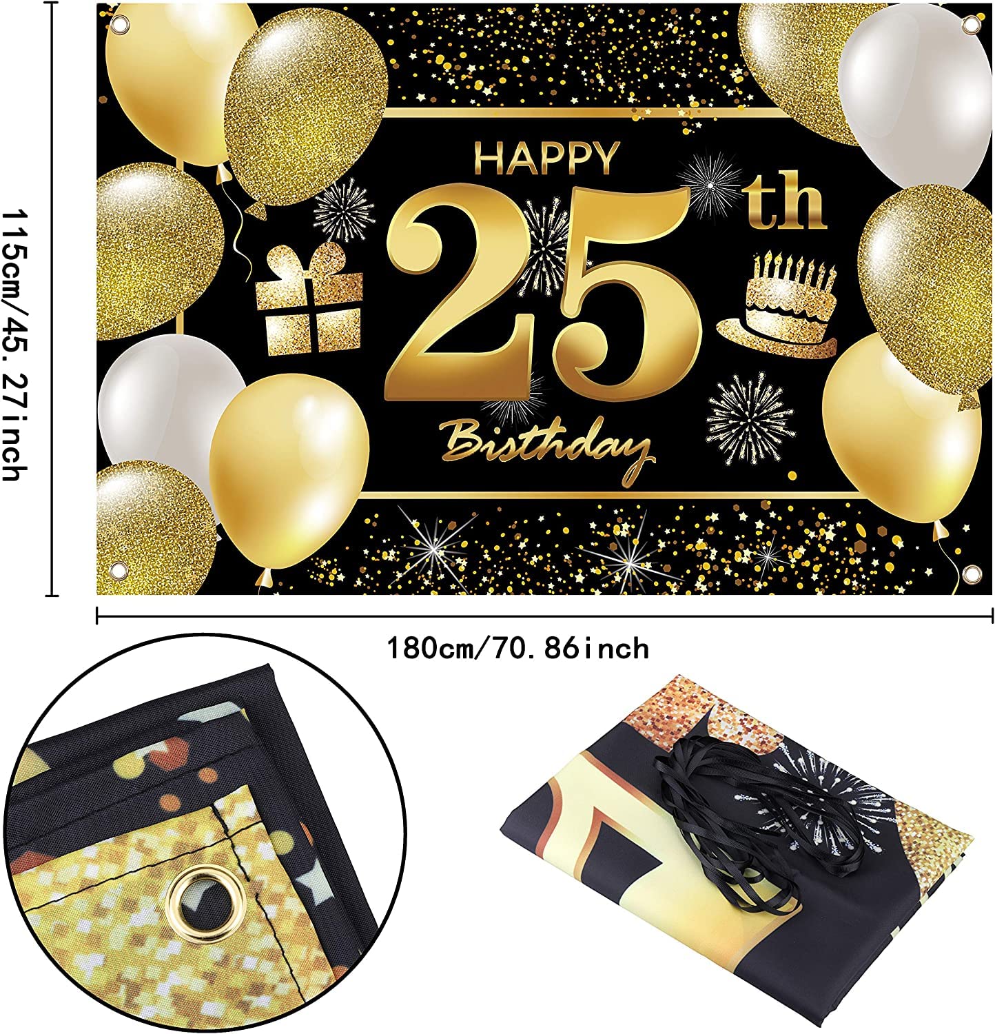 IMISI 25th Birthday Banner - Black Polyester Decorations for Men’s Party