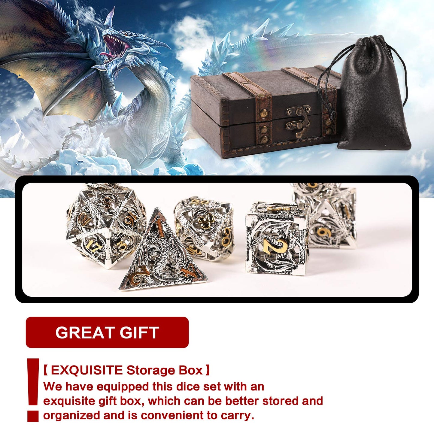 Ancient Deer 7pcs Metal Dice Set - Silver Dragon Pattern for D&D, RPG, MTG, Pathfinder, Tabletop Games