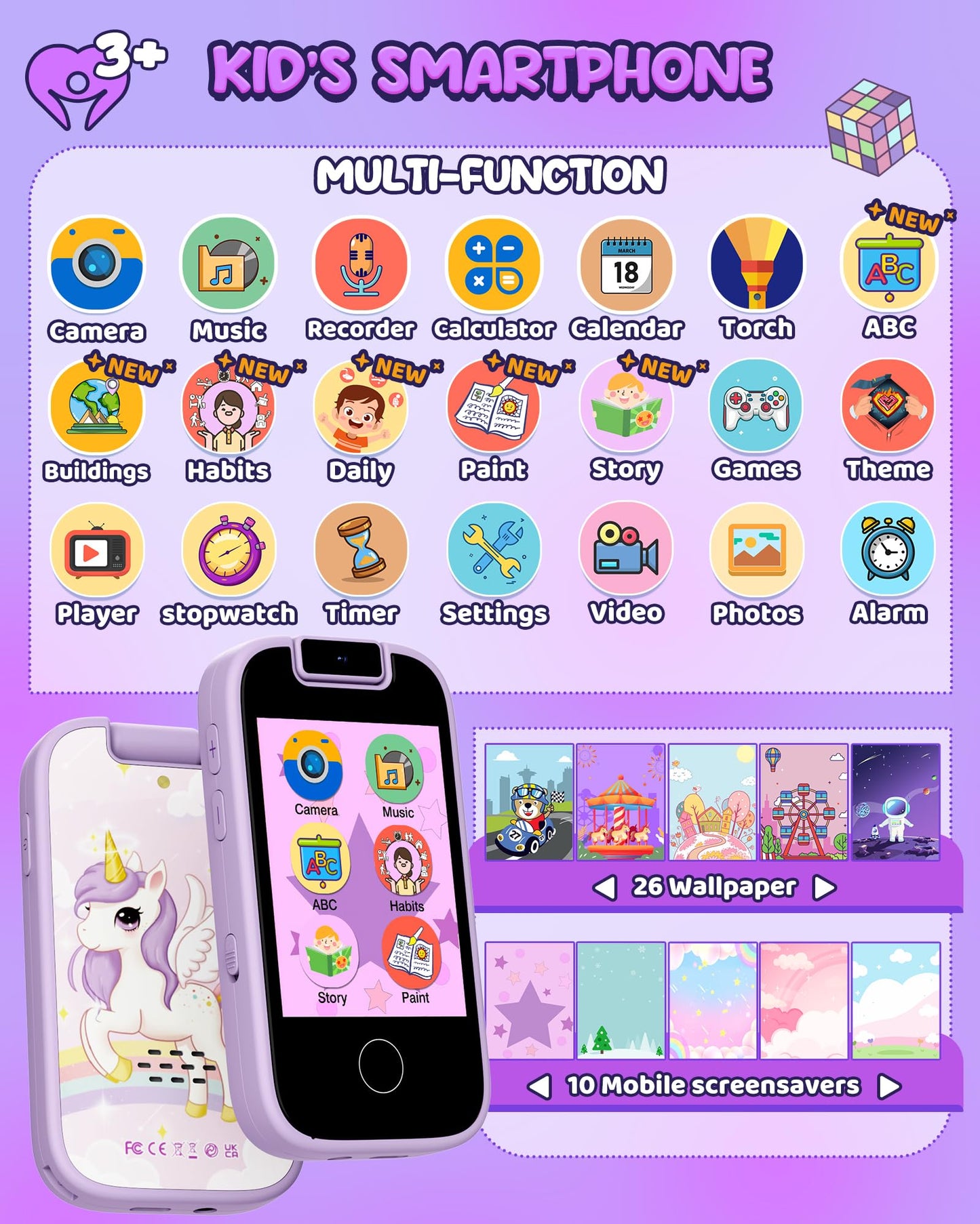 Shiningstone Kids Smart Phone for Girls, Kid Toy Phone for Toddlers, Toddler Phone with Dual Camera Puzzle Games Touchscreen, Le