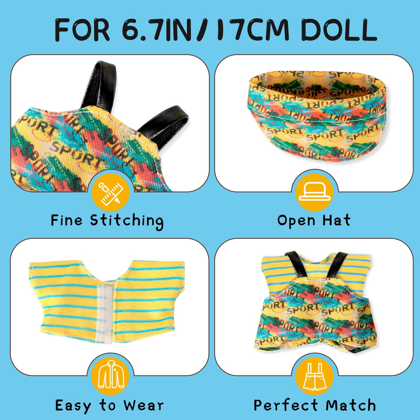 Clothes for 6.7in/17cm Doll  Set of 4 Cute Doll Accessories Includes Doll Hat+T-Shirt+Bib Pants+Shoes Set enhanced Fashion Outfit for Collectors Unique Gift (Style E2)
