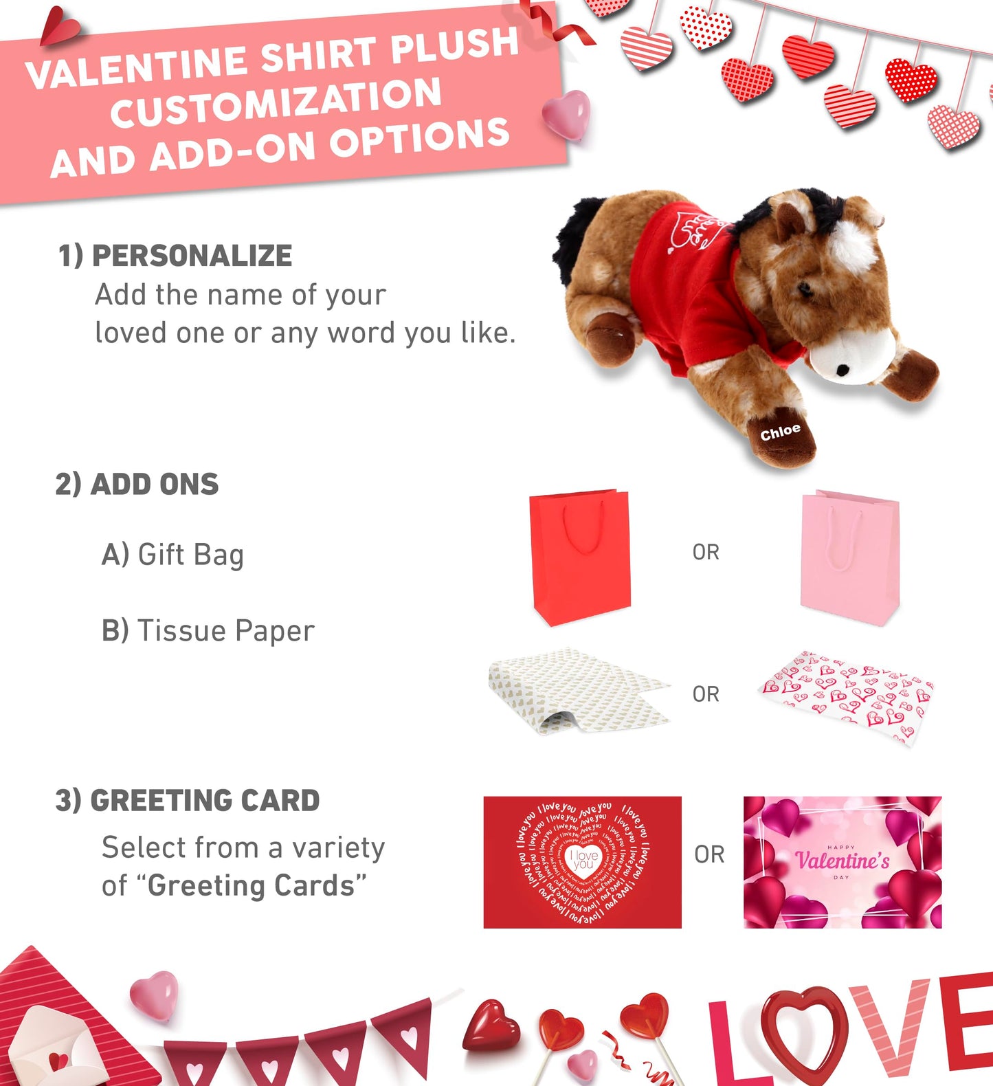 DolliBu I Love You Valentine Plush Lying Brown Horse - Cute Stuffed Animal with Red Shirt and Name Personalization Gift for Valentines Day  Birthday  Anniversary  Romantic Date - 10.5 Inches
