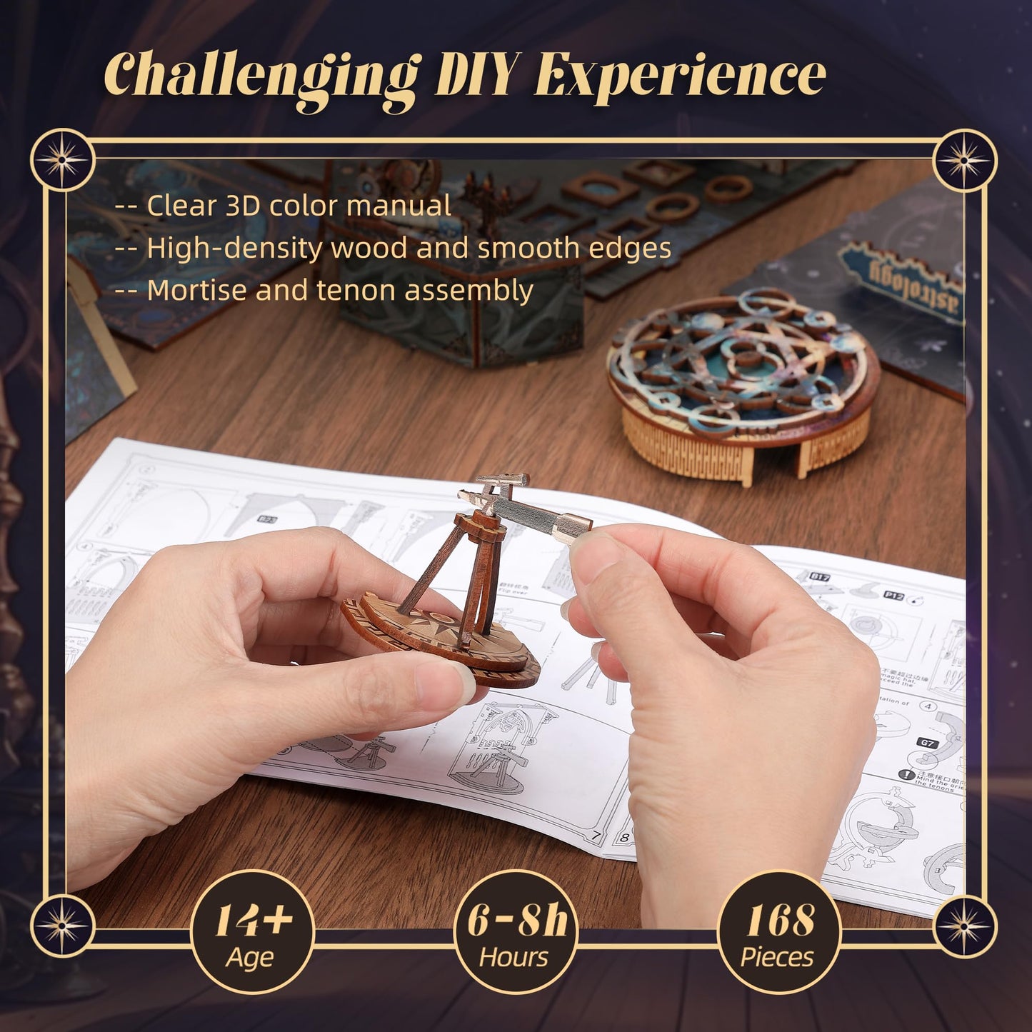 Funpola 3D Wood Puzzle Book Nook Kit, Astrology Star Map Bookshelf Insert With Led Lights, Diy Celestial Miniature Bookend D  Co