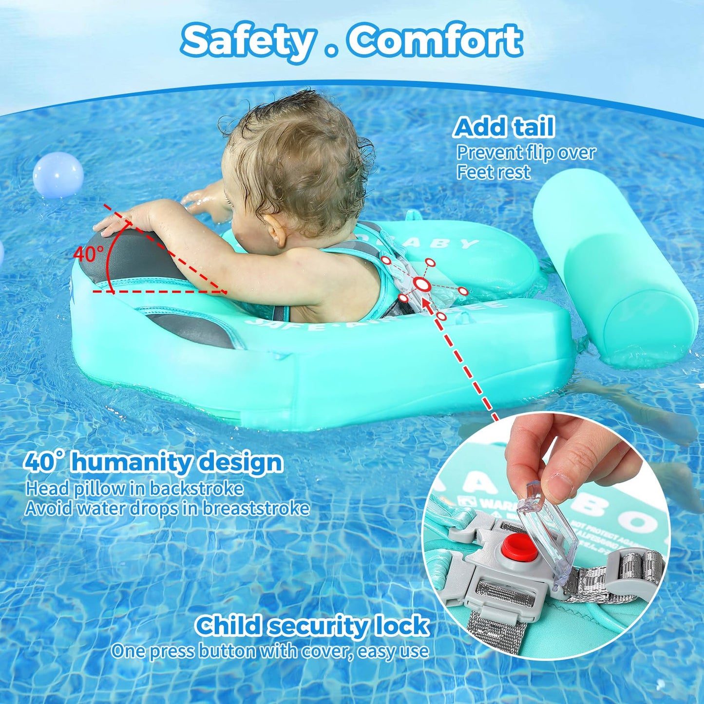 Mambobaby Non-Inflatable Baby Pool Float with Tail and Canopy UPF 50+ Sun Protection No Flip Over Infant Swim Float Skin-Friendl