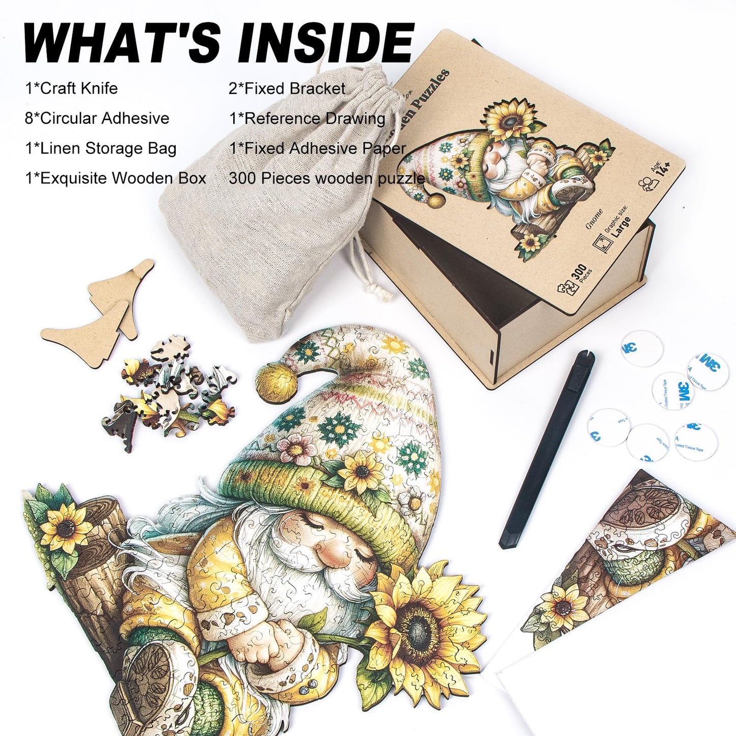 Gnome Wooden Puzzles for mature-themeds  300pcs Gnome Wooden Jigsaw Puzzles for mature-themeds  Sunflower Unique Shaped Jigsaw Puzzles Creative Gift for Friend Family Game Large Size 15'' x 14.1''
