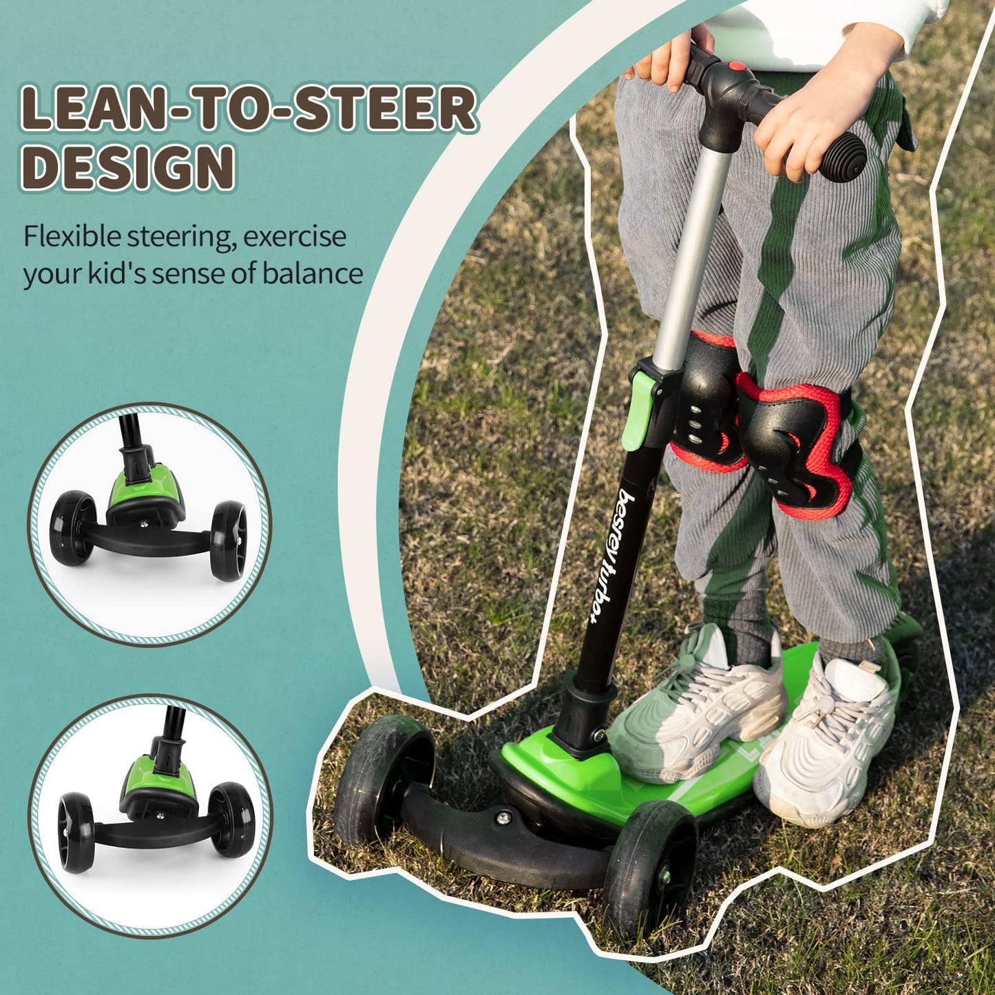 Besrey Kick Scooter For Kids Ages 3-10, 3 Wheel Scooter For Kids With Adjustable Height, Folding Kids Scooter With Led Light Wheels Rear Brak Extra Wide Deck Outdoor Activities For Boys/Girls (Green)