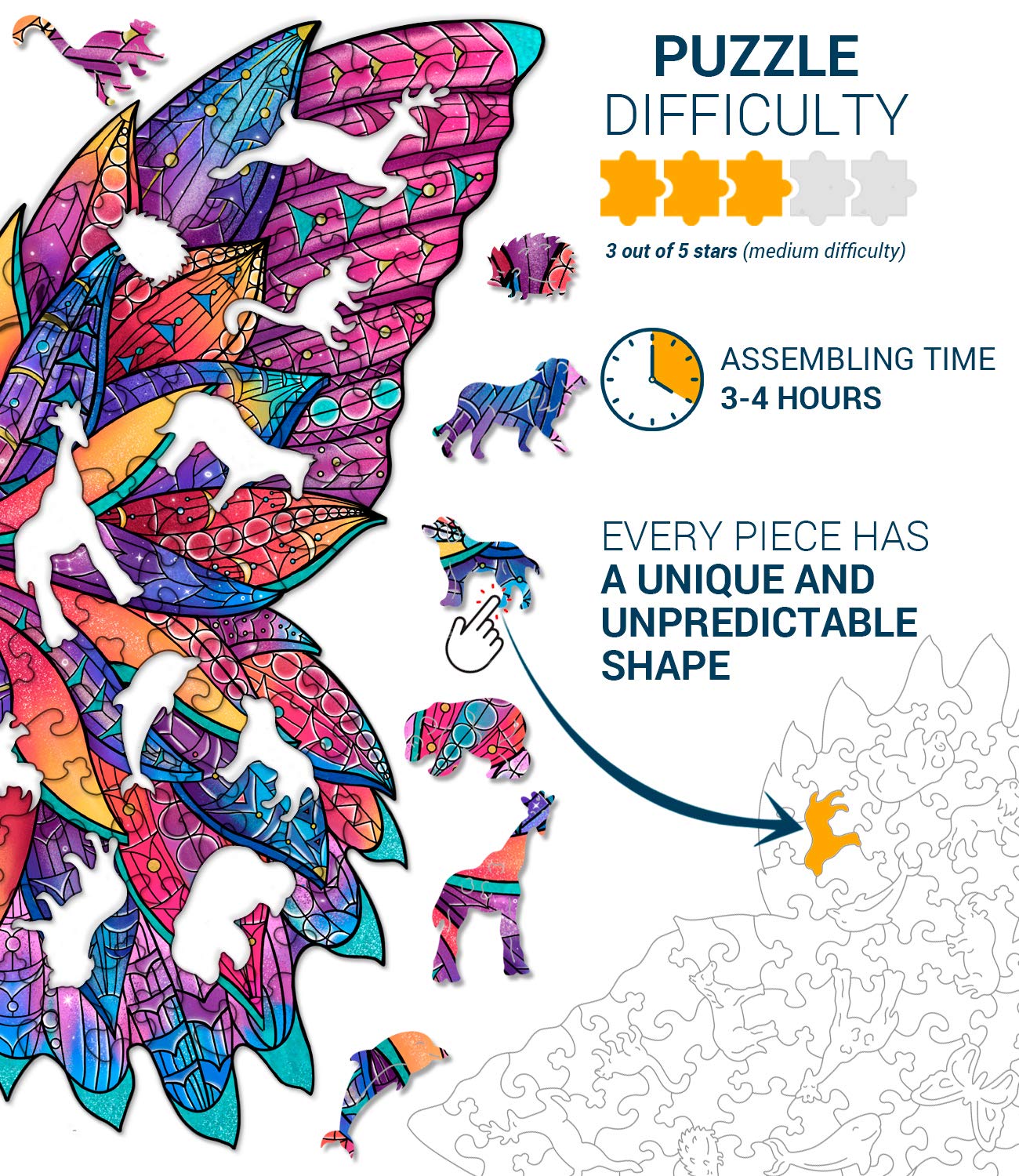 Hodslen Woods Animal Wooden Jigsaw Puzzle, 130 pcs, L-size 12.2x12.2 in., Natural Wood, Butterfly Shape, Multicolored for Kids & Adults