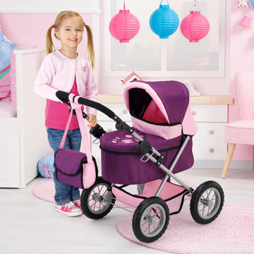 Bayer Design Dolls: Trendy Pram - Purple & Pink - Includes Shoulder Bag, Fits Dolls Up To 18'', Adjustable Handle, Kids Pretend