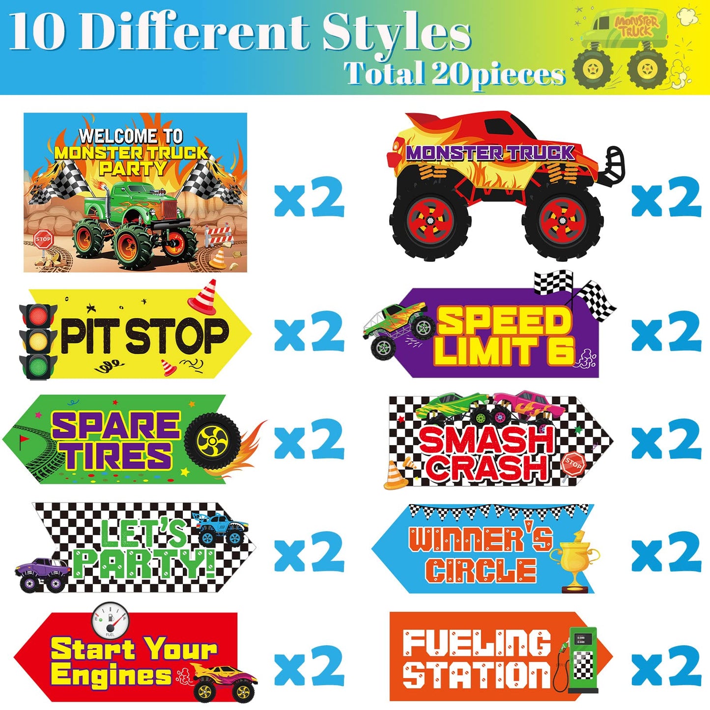 20 Pieces truck Party Sign Truck Checkered Party Supplies Colorful Car Cardboard Cutouts Door Sign Porch Sign truck Party Suppli