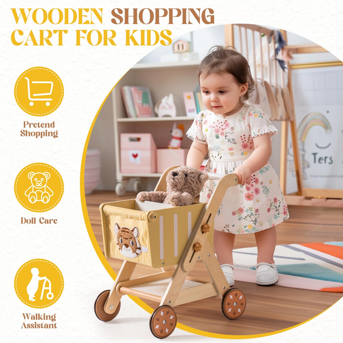 ROBOTIME Wooden Shopping Cart Toy - Height-Adjustable Push Walker for Toddlers, 15.4x11.9x20.9 inches, Yellow, Model WRP171