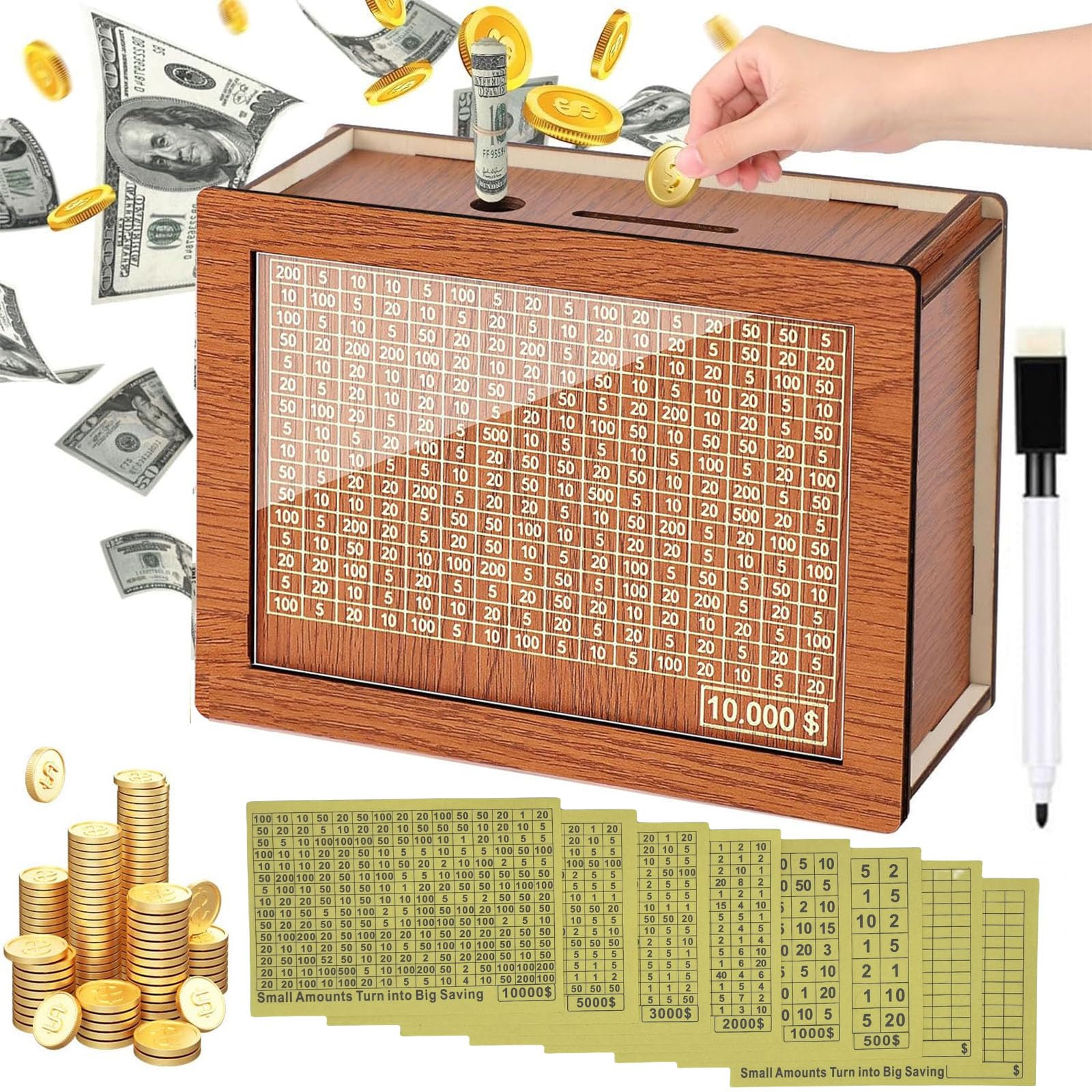 Money Saving Box piggy bank for mature-themeds 10000 savings challenge box wooden money box for cash 10 000 savings box Best Gift for Kids Boys Girls mature-themed Man Women Friends Valentine's Day gift($10000 Brown)