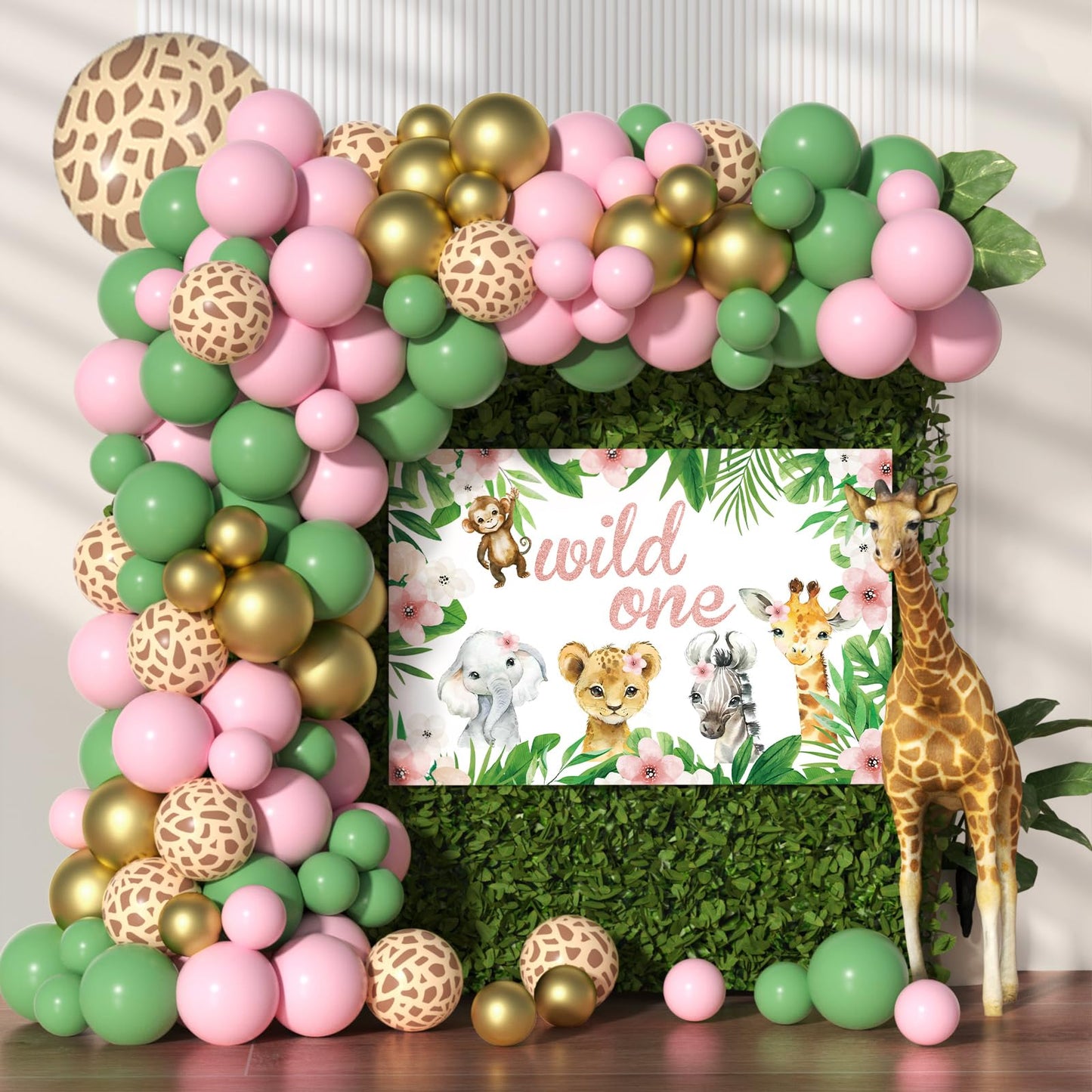 Pink Wild One Balloon Arch With Backdrop 59X40 Inch For Wild One Birthday Decoration, Safari Jungle Balloons Garland Arch Kit Gi