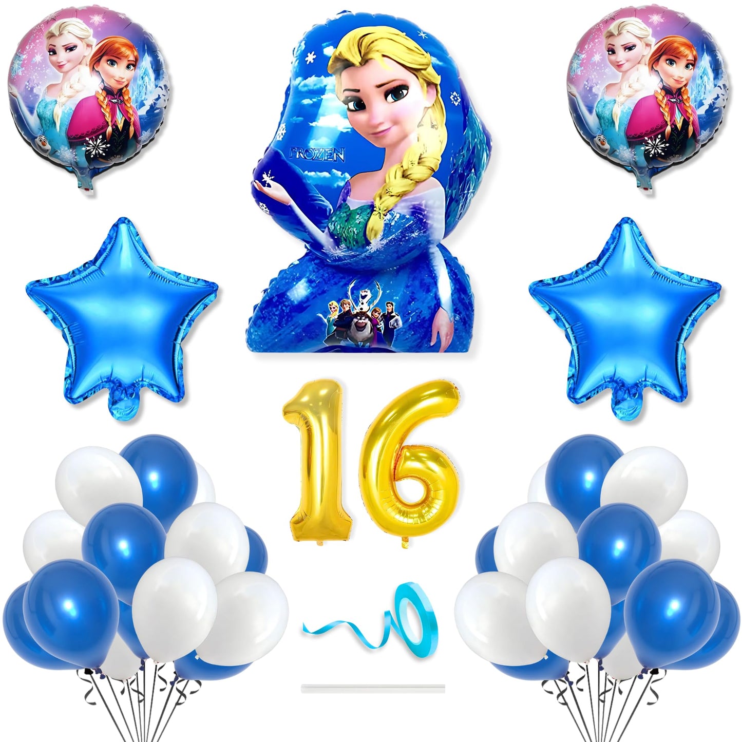 Flyloons 16Th Frozen Theme Birthday Decorations Kit Blue White For 16 Year Old Baby Boys Girls Kids 5 Pcs Elsa Anna Theme 30 Pcs