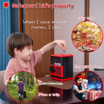 Evthsu Red Electronic Atm Safe Piggy Bank For Kids - Real Money Savings Coin Bank With Code Lock & Password, Gift Money Box For