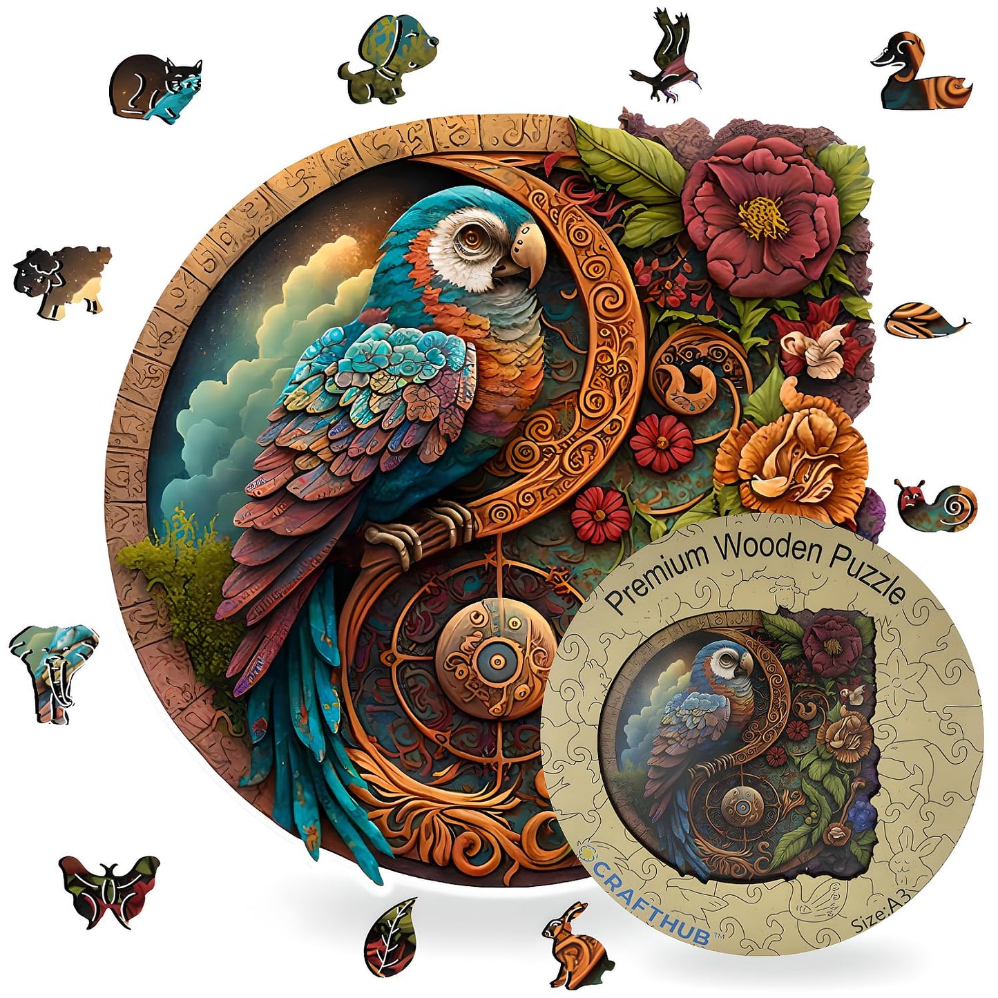 CRAFTHUB Wooden Jigsaw Puzzles - Parrot Yin Yang - Wooden Puzzles for mature-themeds & Kids - Animal Shaped  Family Games  Gift Ideas for Women and Men  134 Piece  A3 Size  10x10.1