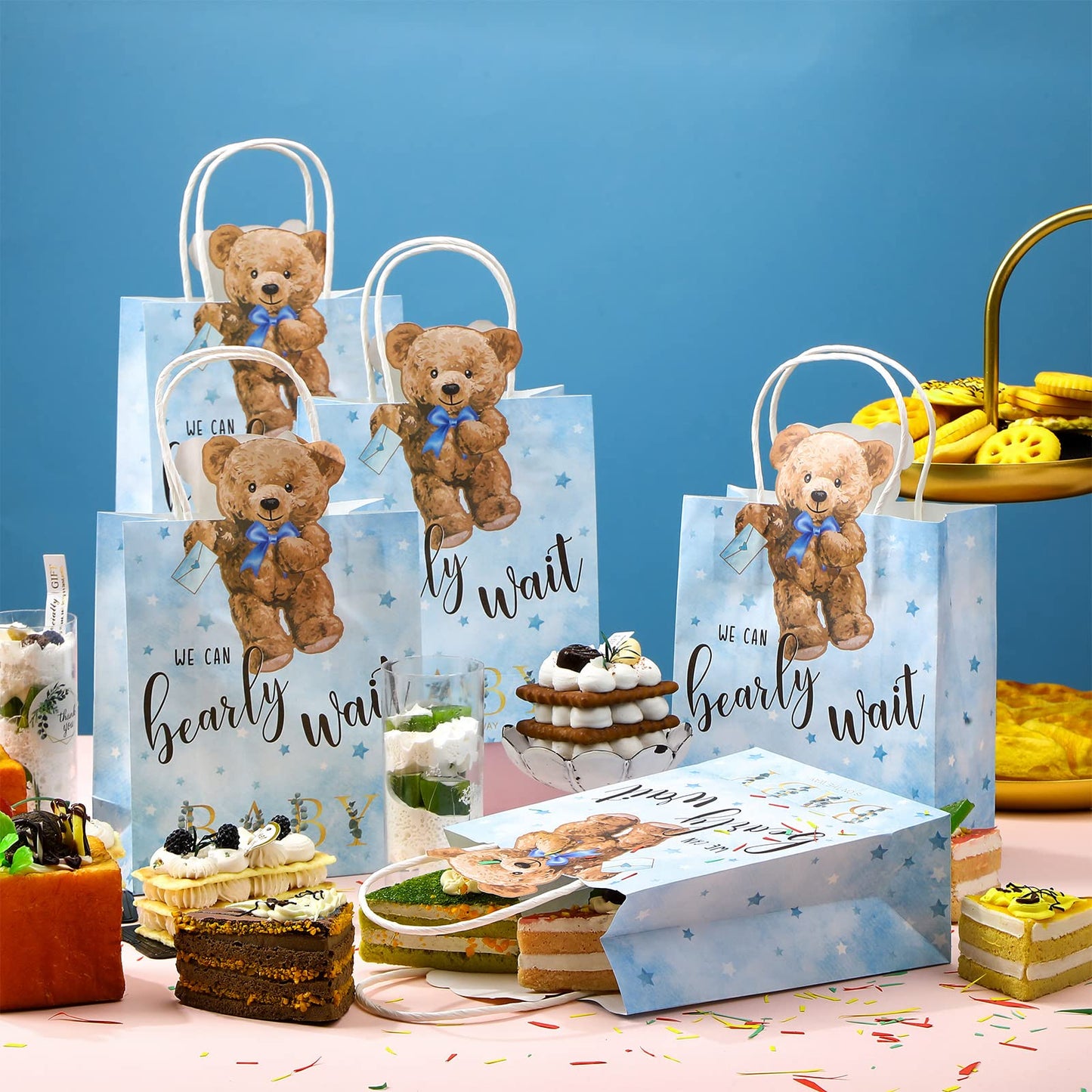 Tinlade 48 Pcs Bear Baby Shower Bags Bear Paper Gift Bags With Handles We Can Bearly Wait Baby Shower Party Favors Decorations For Birthday Party Wedding Games Prizes