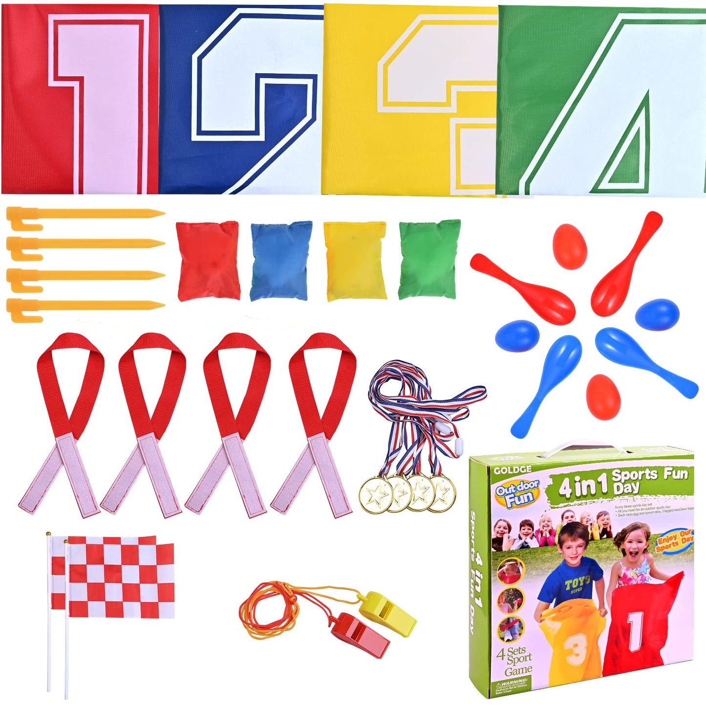 Goldge 28 Piece Outdoor Games Kit For Kids - Includes Potato Sack Race Bags, Bean Bag Toss, 3 Legged Race Bands, Egg Spoon Relay