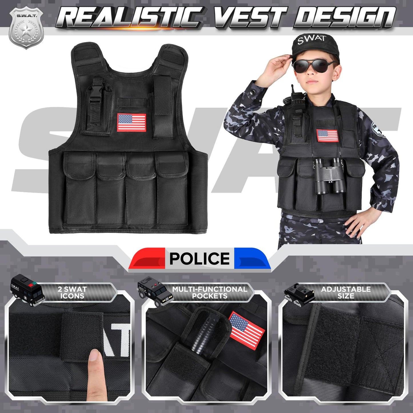 Luucio SWAT Police Costume for Kids  Kids Police Officer Costume for Boys with SWAT Vest  Toddler Halloween Costumes for Boys Girls  Role Play Kit