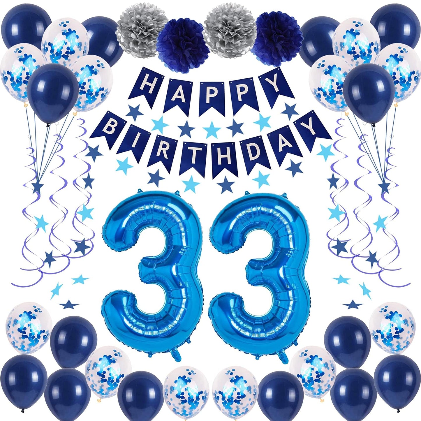 Naninuneno 33Rd Blue Birthday Party Decorations For Boy Girl Men Women, Happy 33 Birthday Balloons Supplies With Happy Birthday