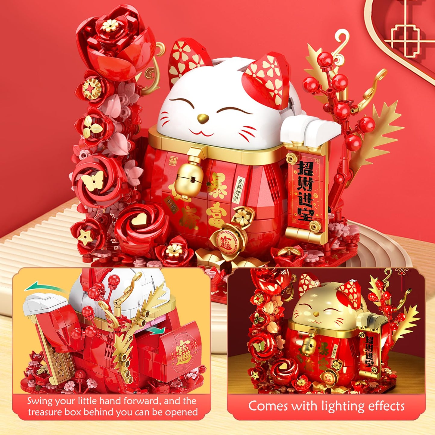 Lucky Cat Building Blocks, Compatible With Lego Animals, 868Pcs Cute Fortune Red Cat With Red Flowers Toy Animals Fortune Cat Bu
