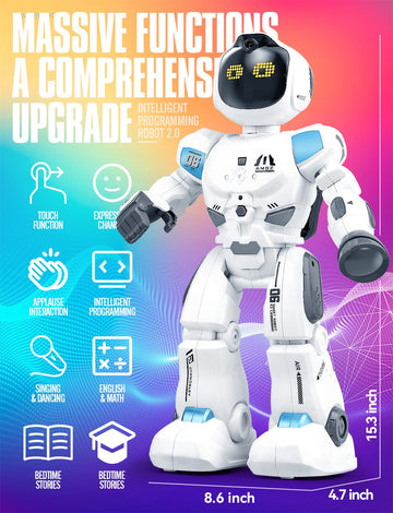 Large Smart Emo Robot Toys For Kids 5-7,Gesture Sensing Programmable Interactive Remote Control Robots For 8-12 With Led Eye Exp