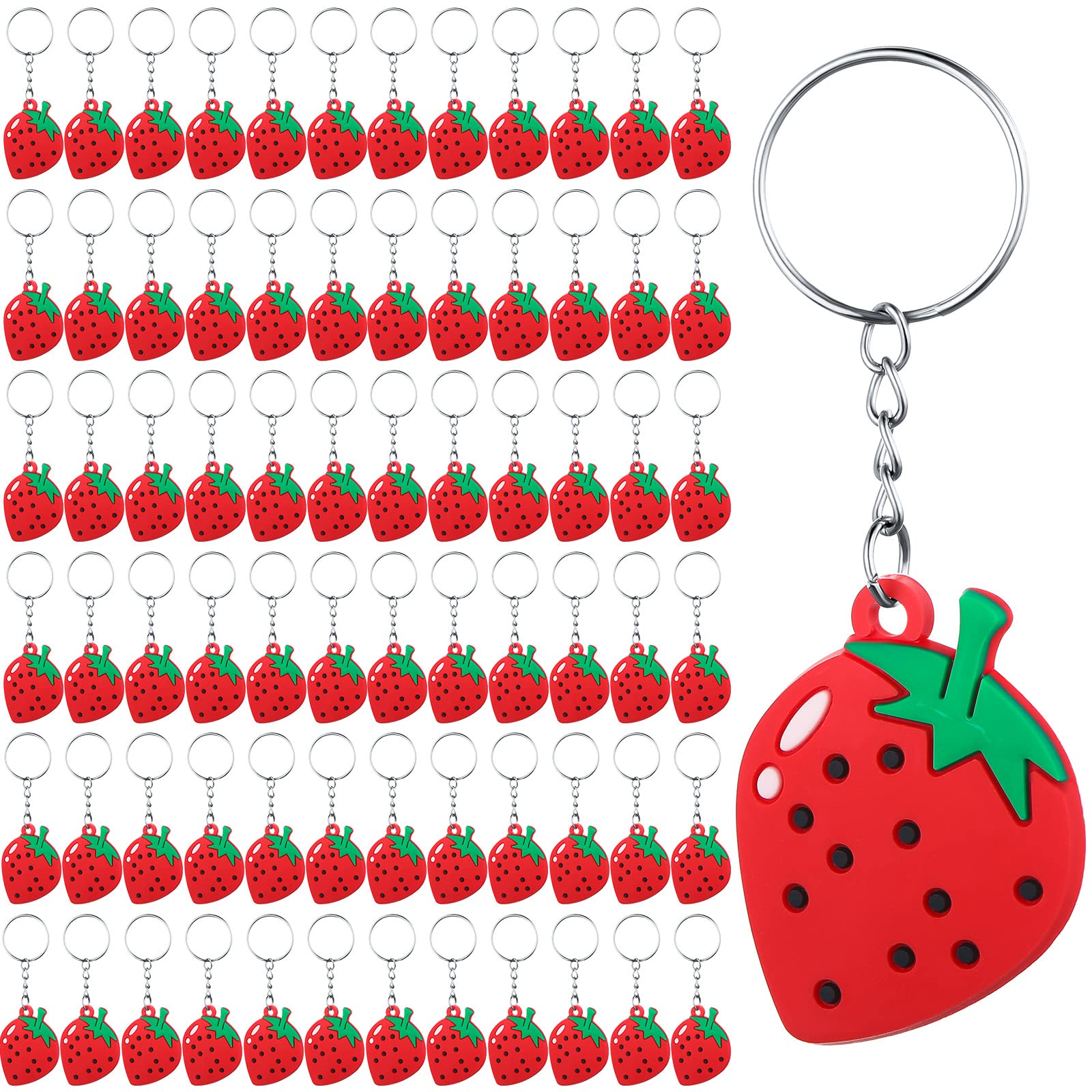 Tondiamo Strawberry Keychain Strawberry Party Favors Cute Fruit Keychain Rubber Keyrings for Summer Classroom Birthday Gifts(72 