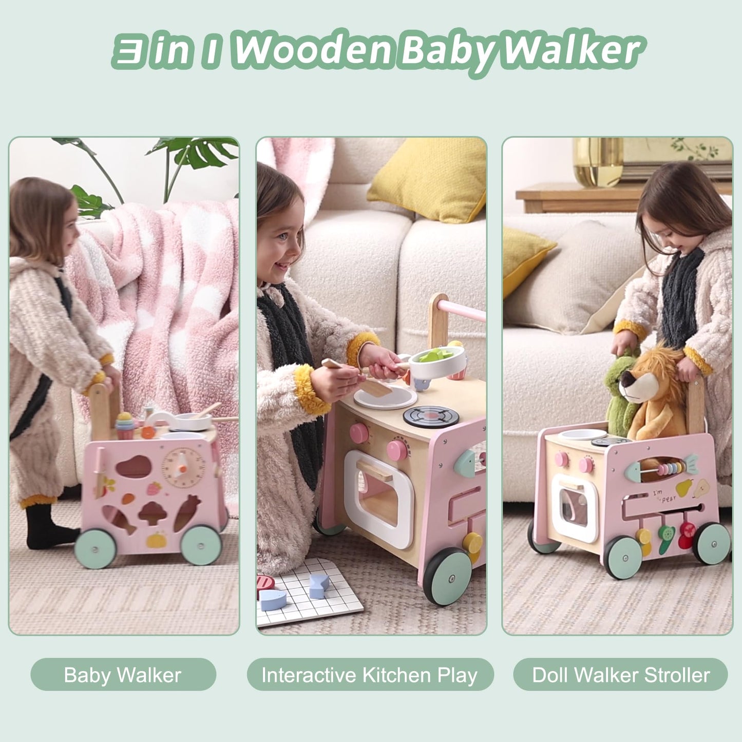 Wiqins Wooden Baby Walker 9-In-1 Activity Center With Toddlers Montessori Sensory Toys And Play Kitchen Push Walker For Kids Wit