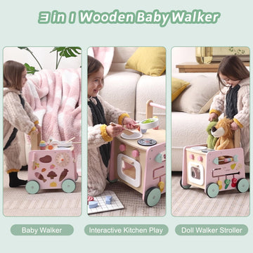 Wiqins Wooden Baby Walker 9-In-1 Activity Center With Toddlers Montessori Sensory Toys And Play Kitchen Push Walker For Kids Wit