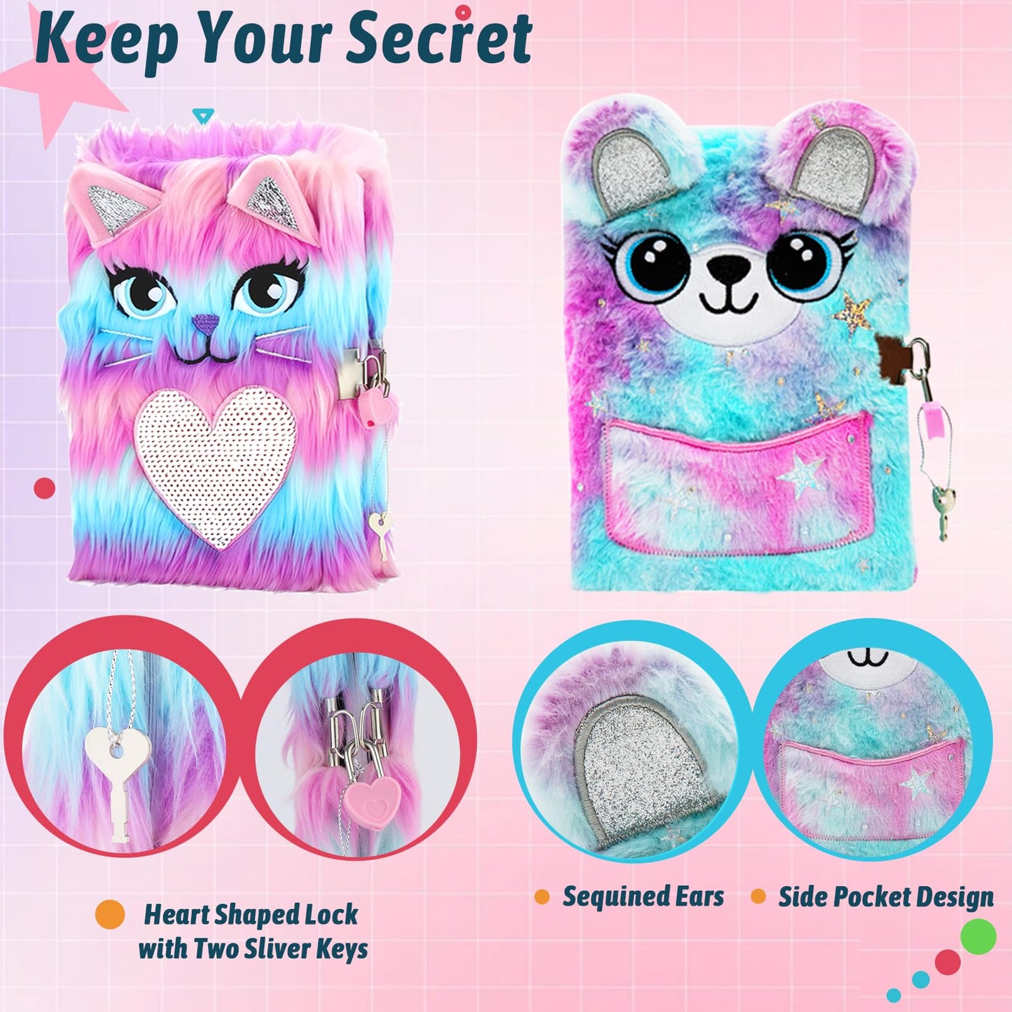 Dicvute 2Pcs Diary With Lock, Gift For 6 7 8 Years Old Girls, Fuzzy Notebook Cute Cat Bear Diary Secret Writing Plush Journal Ch
