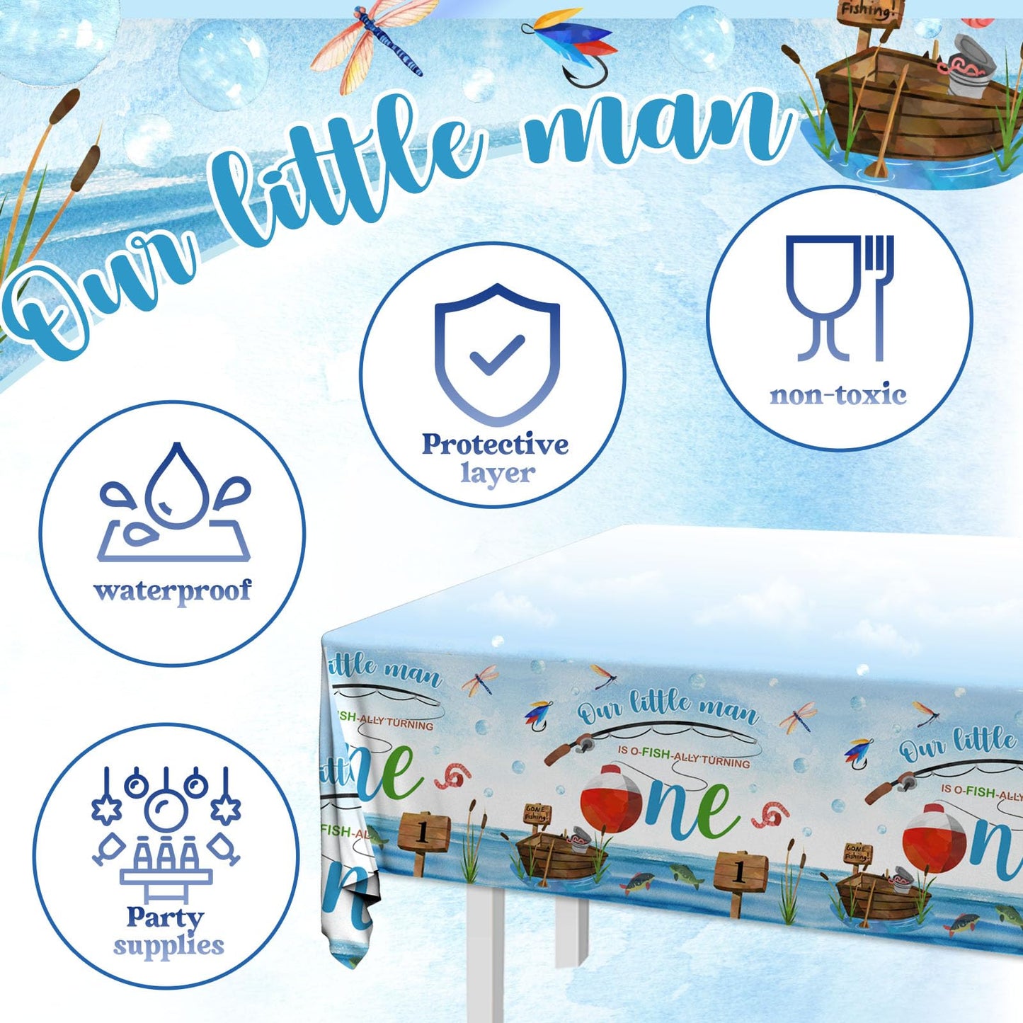 Ofishally One Birthday Decorations, 3Pcs Gone Fishing 1St Birthday Party Supplies Tablecloth, Little Fisherman Gone Fishing Rect