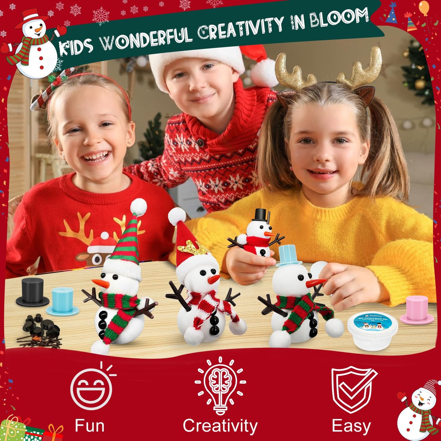 Hophine 12Pack Build a Snowman Kit, Molding Clay Snowman Kit, Christmas DIY Crafts for Kids, Perfect for Winter Holiday Parties,