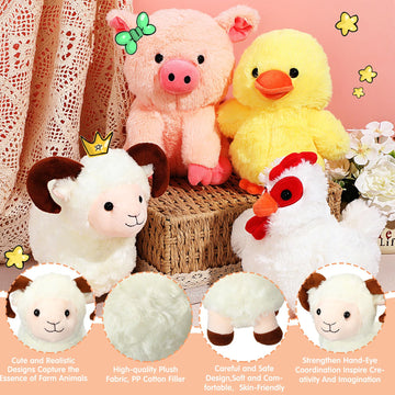 Hiboom 7 Pcs Farm Stuffed Plush Animals Toys Set 8 Inch Barnyard Stuffed Animals Bulk Soft Pig Rooster Horse Duck Sheep Cow Dog