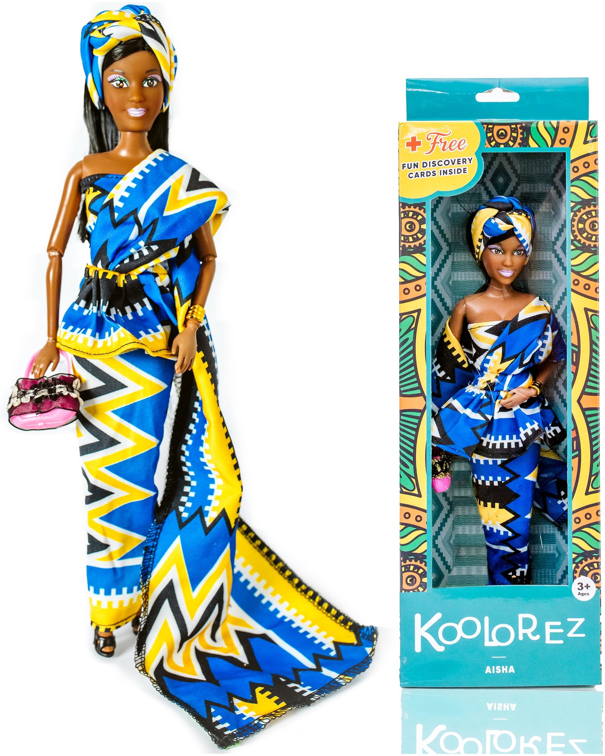 KOOLOREZ: Aisha - Our Queens Black Doll Set - Brown/Black Afro Doll w/Movable Joints - Lovely 12.5 Dark Skin & Diversity Dolls - Vinyl Dolls for Girls with African Heritage Style Outfit