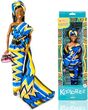 KOOLOREZ: Aisha - Our Queens Black Doll Set - Brown/Black Afro Doll w/Movable Joints - Lovely 12.5 Dark Skin & Diversity Dolls - Vinyl Dolls for Girls with African Heritage Style Outfit