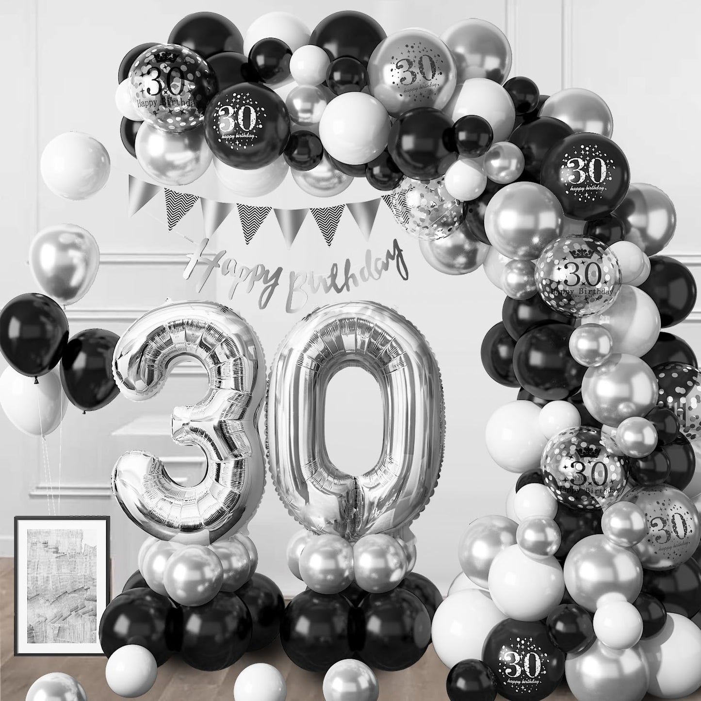 30Th Birthday Decorations Black Silver,30Th Birthday Balloon Garland Party Decorations With Number 30 Foil Balloons,Happy Birthd
