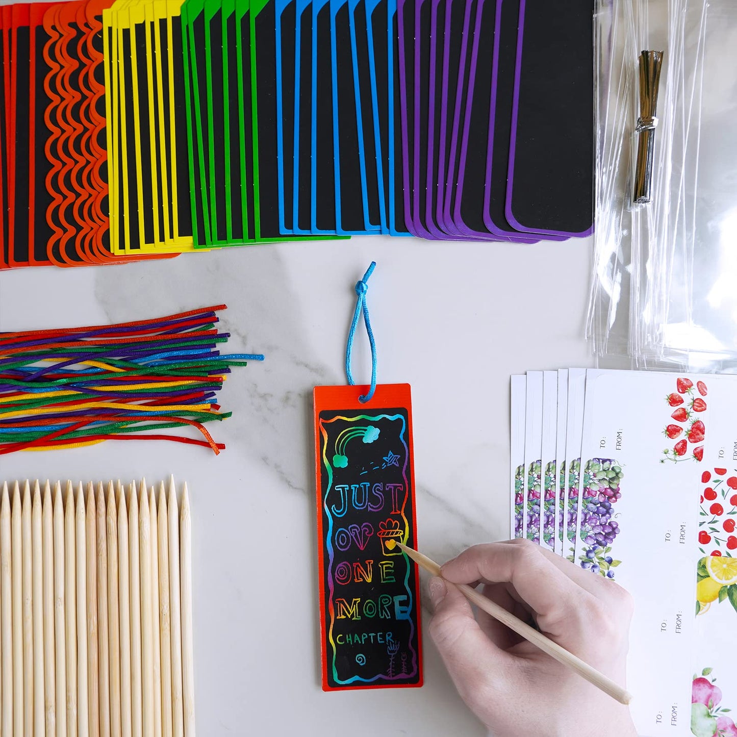 Winlyn 48 Sets 6 Styles Magic Color Scratch Bookmarks Craft Kits Rainbow Scratch Paper Art Sets for Kids Students Party Favors D