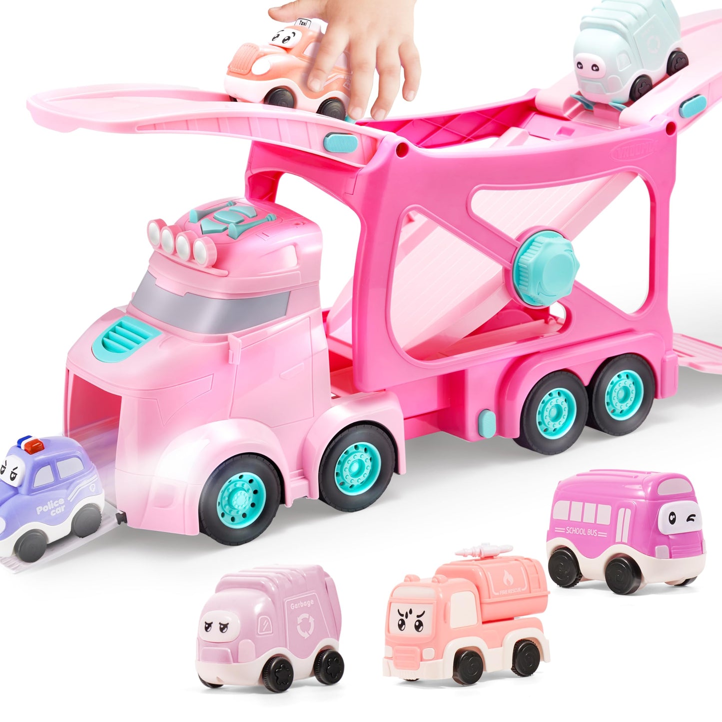 VROOMIX 3-Layer Extra Large Princess Pink Truck Toys for Girls, 7-in-1 Big Transport Vehicle Carrier Truck with Directional Trac