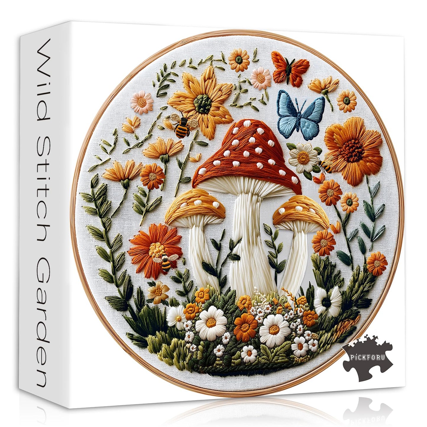 PICKFORU Mushroom Puzzles for Adults 1000 Pieces, Nature Butterfly Bees Wildflower Puzzle Garden, Round Embroidered-Style Floral