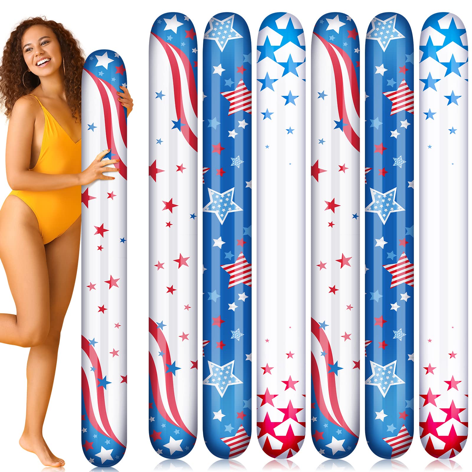 Sumind 6 Pack 60 Inch 4th of July Pool Floats Inflatable Patriotic Pool Noodles Red White Blue American Flag Floats for Forth of