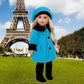 Parisian Stroll - 4 Piece Outfit - Blue Fleece Coat With Matching Beret, Black Leggings And Boots - Clothes Fits 18 Inch Doll (Doll Not Included)