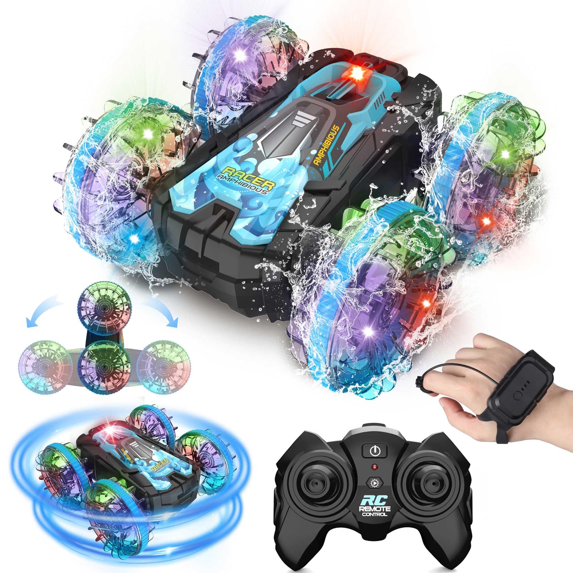 DOWELLIN Amphibious Remote Control Car, 2.4GHz RC Boat 4WD Waterproof RC Car with Lights, Remote Control Trucks Stunt Car, Pool 