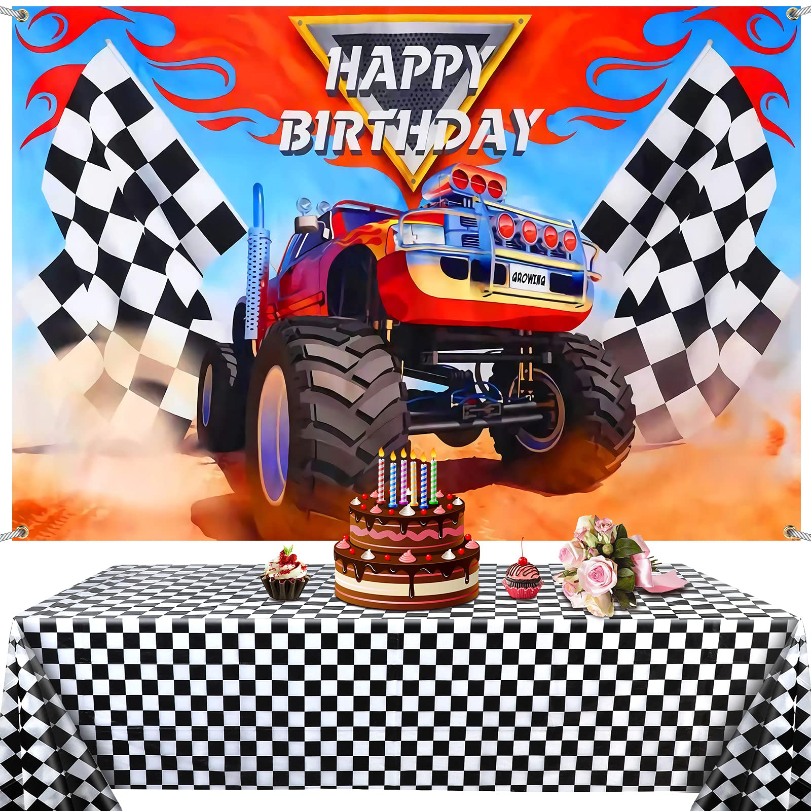 Monster Truck Party Supplies Include 1 Piece Monster Truck Backdrop 1 Piece Plastic Checkered Flag Tablecloth, Happy Birthday Mo