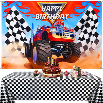 Monster Truck Party Supplies Include 1 Piece Monster Truck Backdrop 1 Piece Plastic Checkered Flag Tablecloth, Happy Birthday Mo