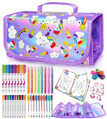 weirtoya 56 PCS Washable Scented Markers Set with Glitter Pencil Case, Mermaid Unicorn Arts and Crafts for kids 4-6-8 Kids Color