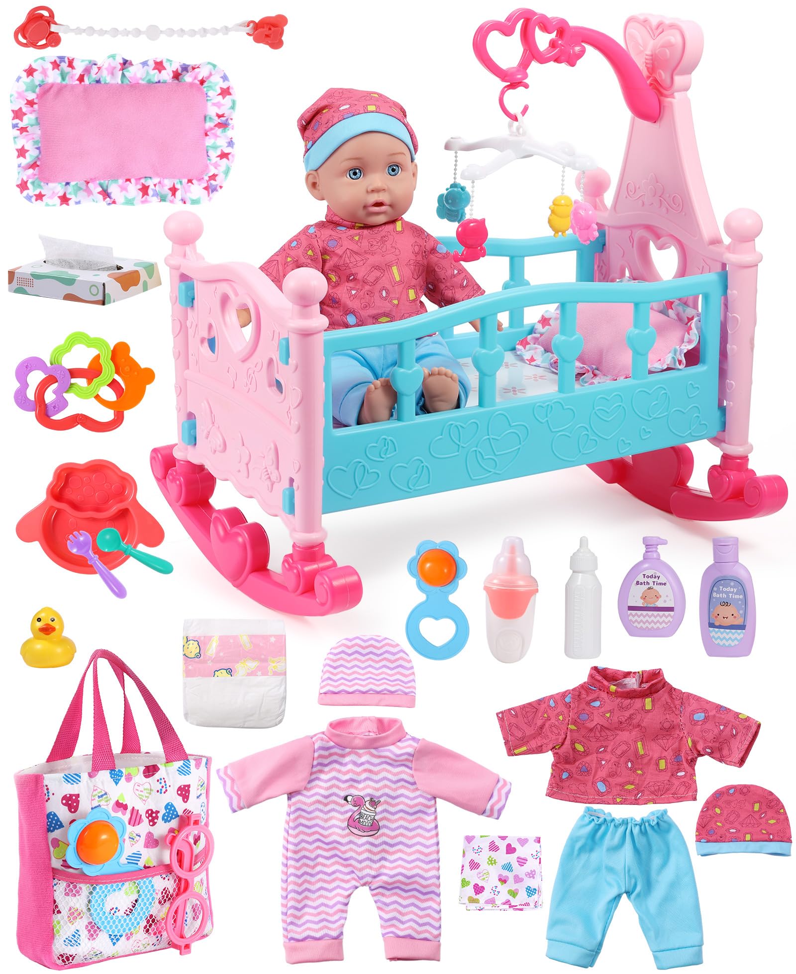 Gagaku Baby Doll Set,12' Doll Toys With Crib Bed,22Pcs Baby Doll Accessories Doll Care Playset Includ Cradle Crib, Diaper,Feeding Set,Baby Gift For 3+ Year Old Girls Boys