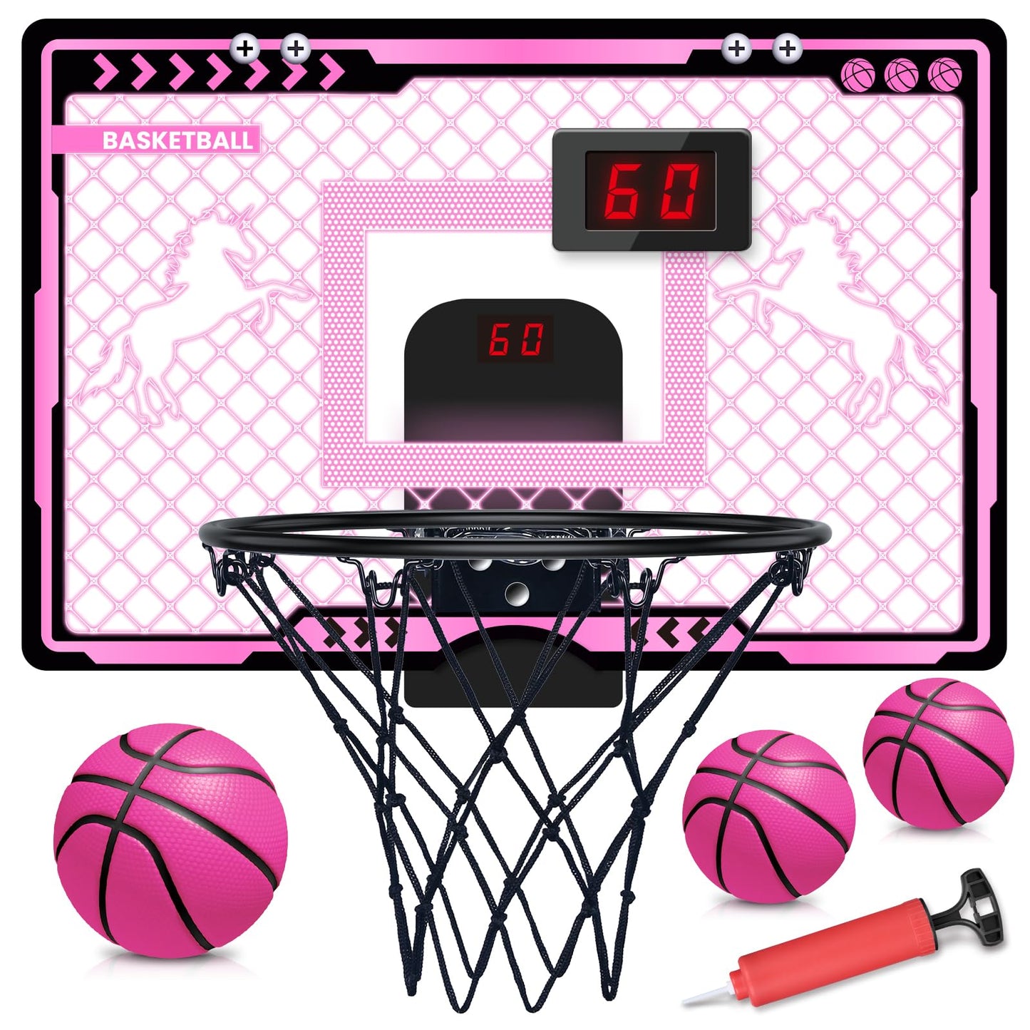 Indoor Basketball Hoop With Electronic Scoreboard And Led Light, Pink Over The Door Basketball Toy, For Kids Aged 4, 5, 6, 7, 8+