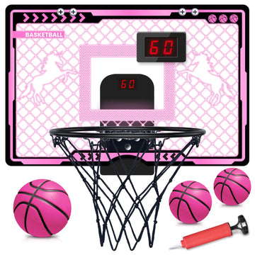 Indoor Basketball Hoop With Electronic Scoreboard And Led Light, Pink Over The Door Basketball Toy, For Kids Aged 4, 5, 6, 7, 8+
