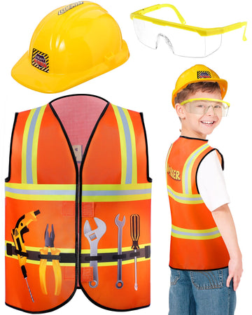 Handepo Construction Worker Costume Kids Hard Hat Construction Vest Goggles Toddler Dress Up Set Birthday Party Girls Boys(Yello