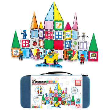 Picassotiles 100Pc Magnet Tile Construction Building Block Set With Carry Case Car Base Magnetic 8Pc Characters Whiteboard Marke